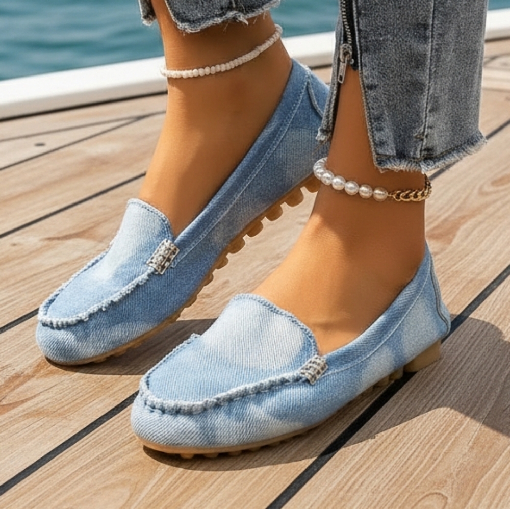 Denim Flat Slip-On Loafers Raw Seam Blue Retro Acid Wash Round Toe Boat Shoes
